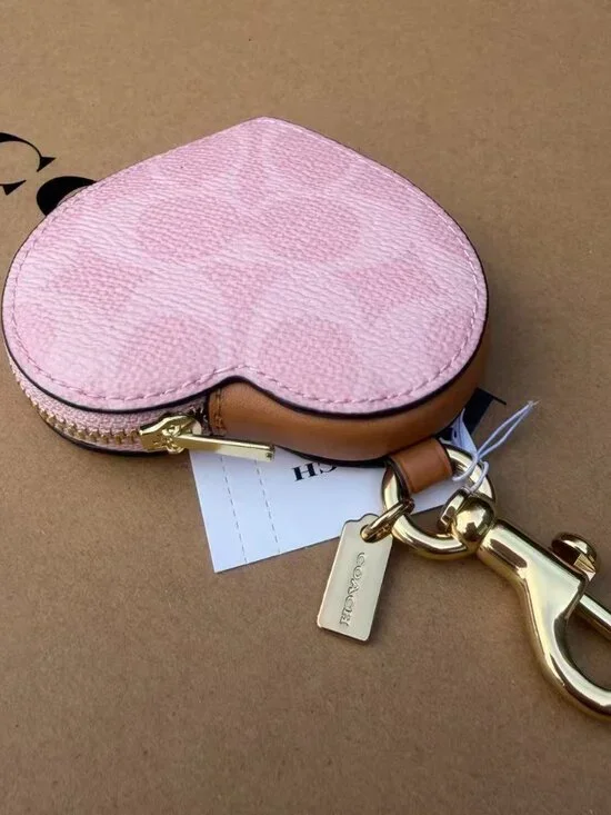 NWT Coach POWDER PINK Heart Bag Charm In Signature Canvas CEA22 Gold/Powder Pink - Picture 5 of 5